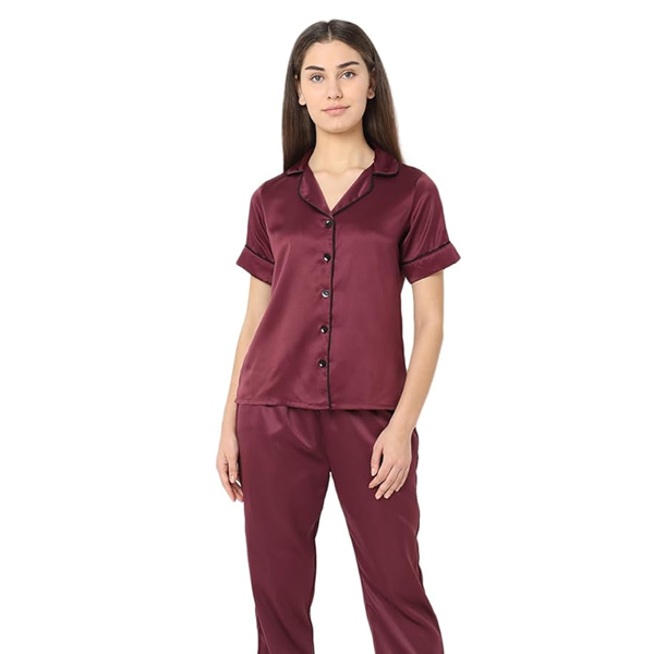 Women's Silk Satin Wine Color Night Suit